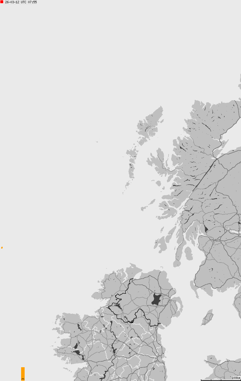 Mapa wyładowań atmosferycznych na obszarze Wysp Brytyjskich