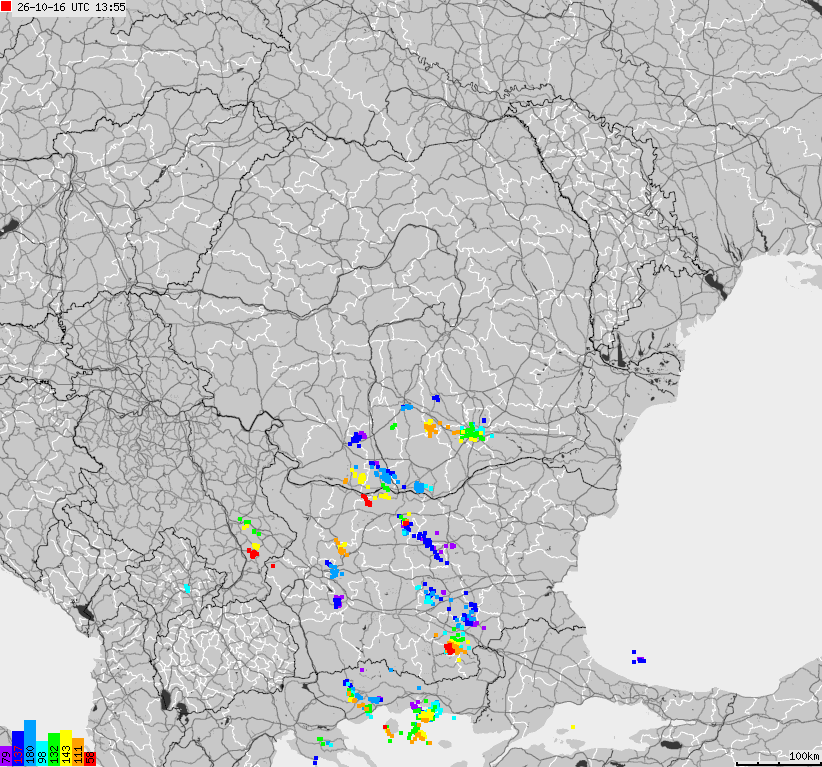 Mapa wyładowań atmosferycznych Bułgarii, Mołdawii, Rumunii