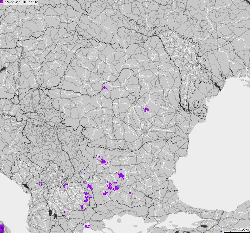 Mapa wyładowań atmosferycznych Bułgarii, Mołdawii, Rumunii