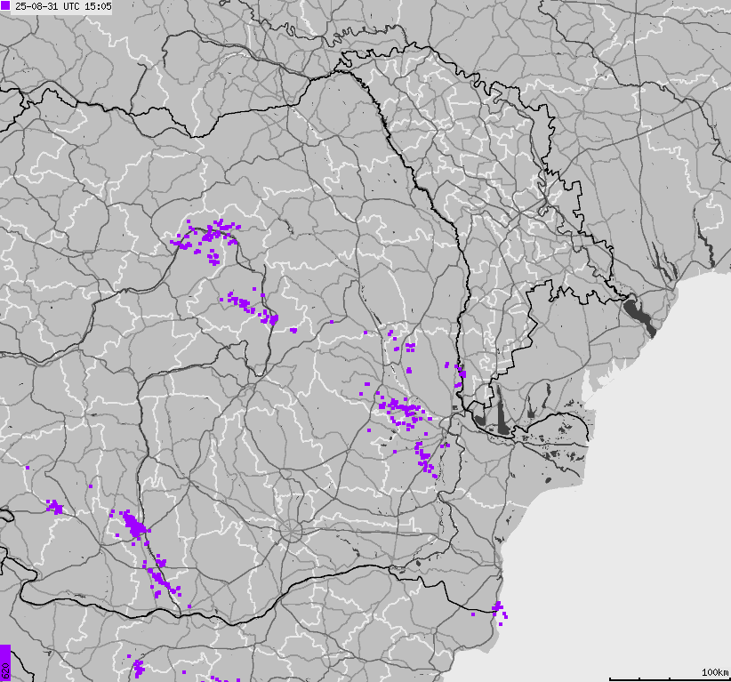 Mapa wyładowań atmosferycznych Bułgarii, Mołdawii, Rumunii