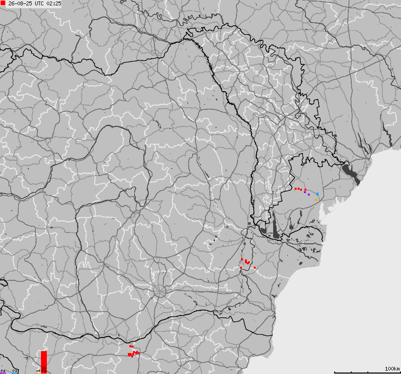 Mapa wyładowań atmosferycznych Bułgarii, Mołdawii, Rumunii