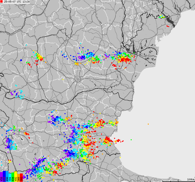 Mapa wyładowań atmosferycznych Bułgarii, Mołdawii, Rumunii