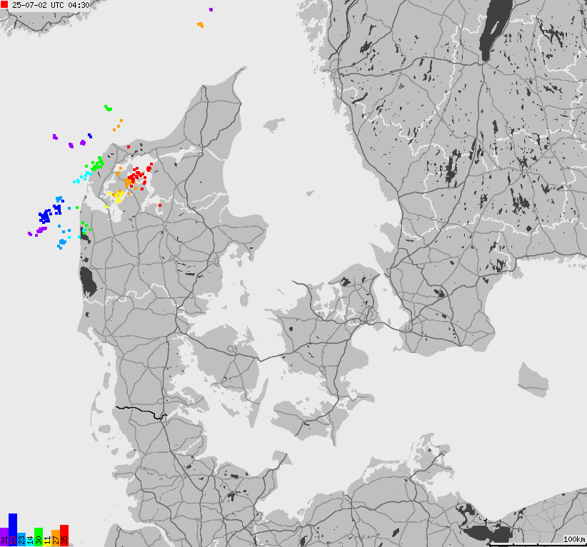 Mapa wyładowań atmosferycznych na obszarze Danii