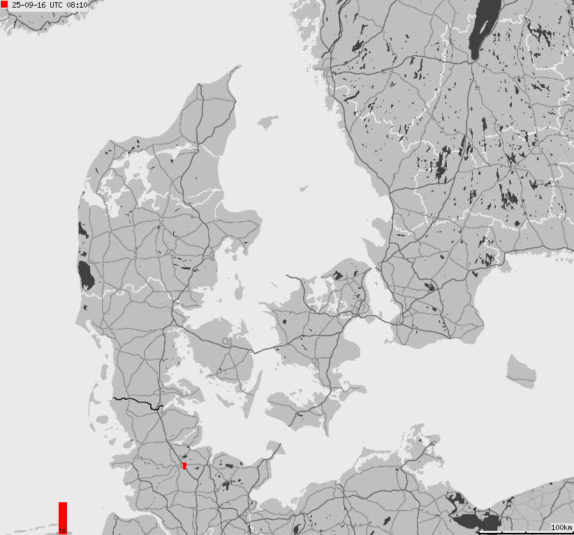 Mapa wyładowań atmosferycznych na obszarze Danii