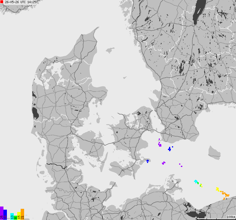 Mapa wyładowań atmosferycznych na obszarze Danii