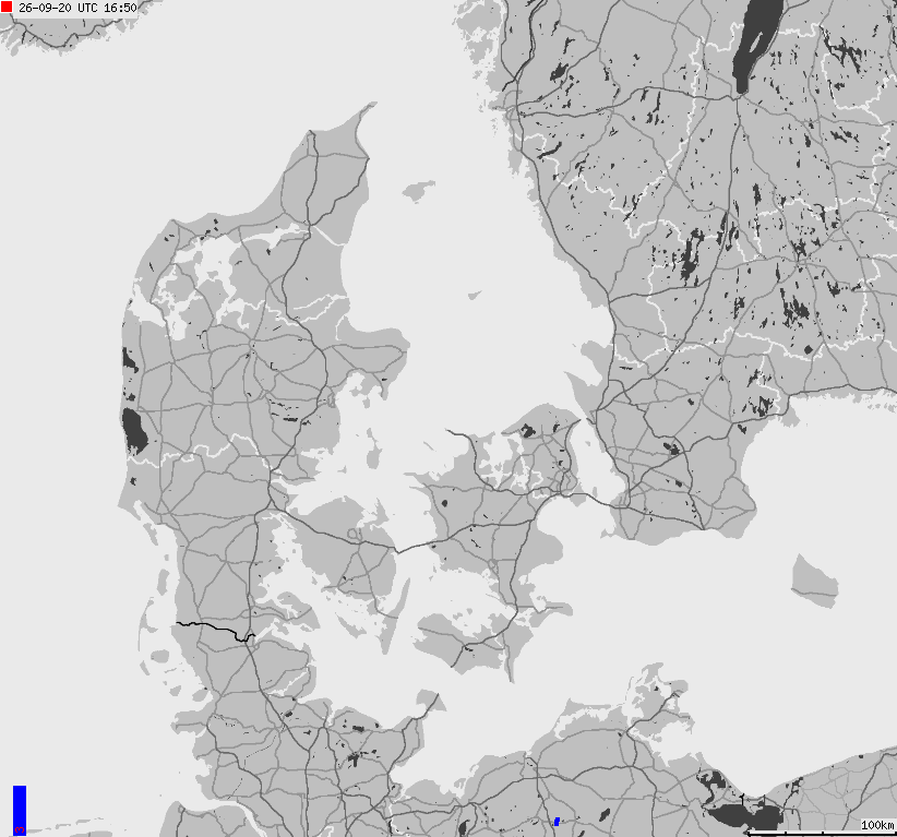 Mapa wyładowań atmosferycznych na obszarze Danii