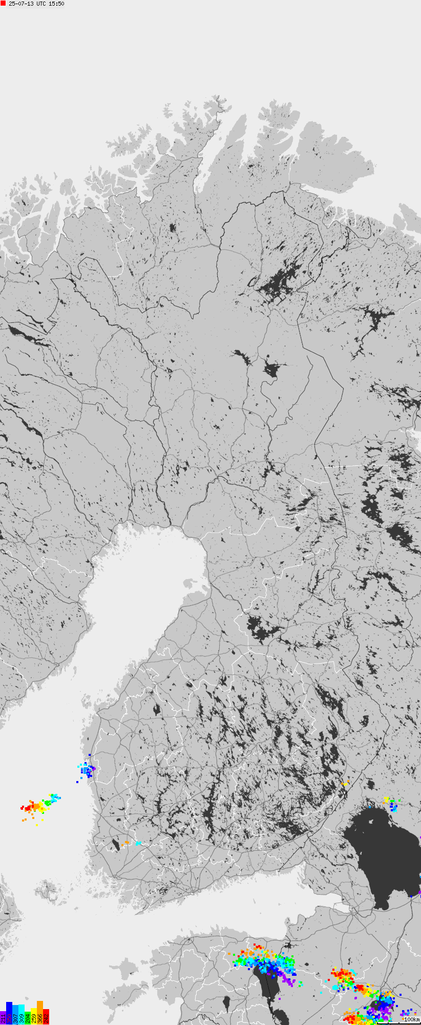 Mapa wyładowań atmosferycznych na obszarze Finlandii