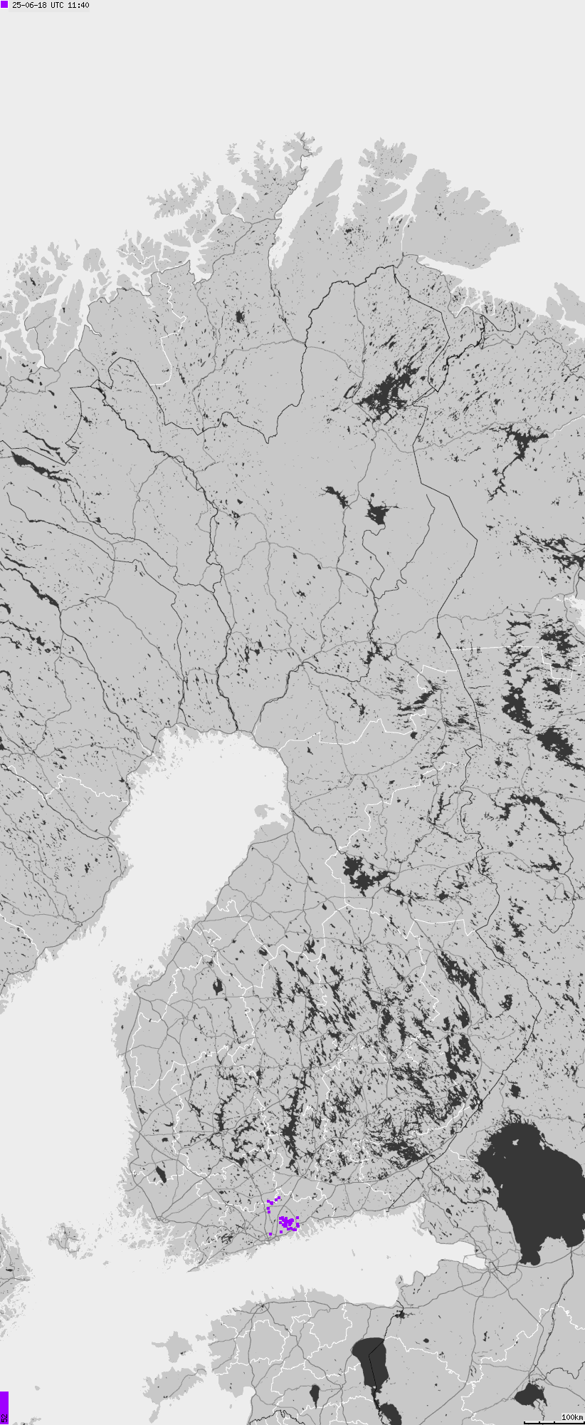 Mapa wyładowań atmosferycznych na obszarze Finlandii