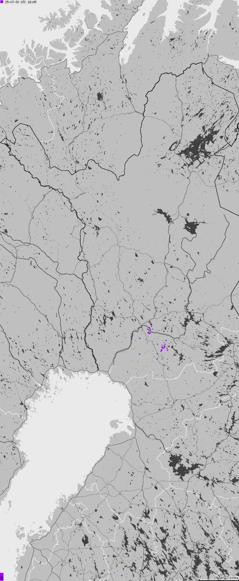 Mapa wyładowań atmosferycznych na obszarze Finlandii