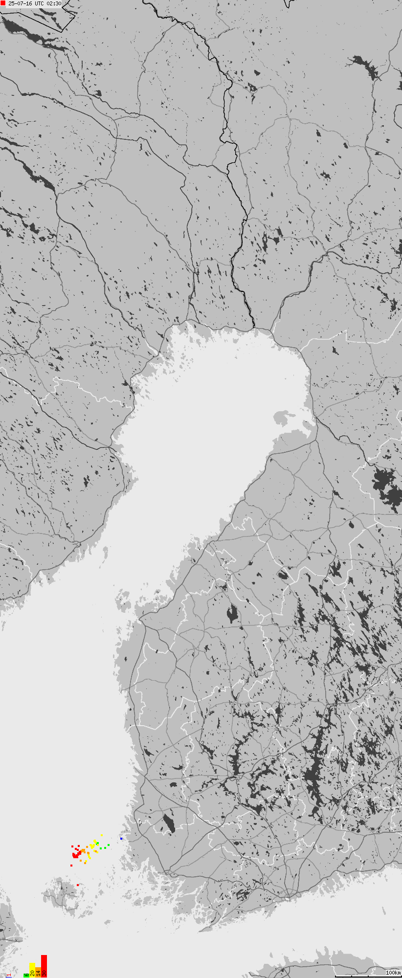 Mapa wyładowań atmosferycznych na obszarze Finlandii