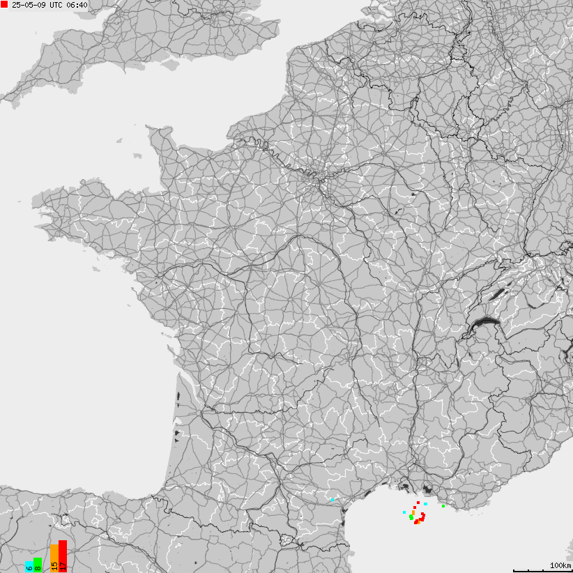 Mapa wyładowań atmosferycznych Francji
