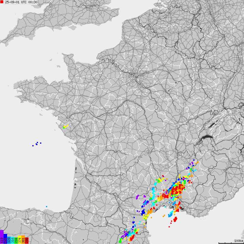 Mapa wyładowań atmosferycznych Francji