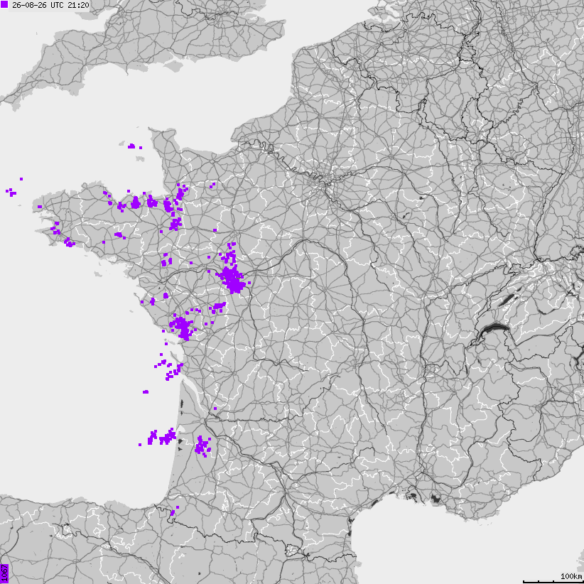 Mapa wyładowań atmosferycznych Francji
