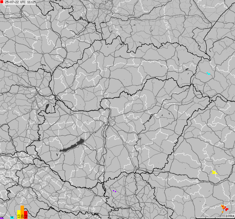 Mapa wyładowań atmosferycznych na obszarze Węgier