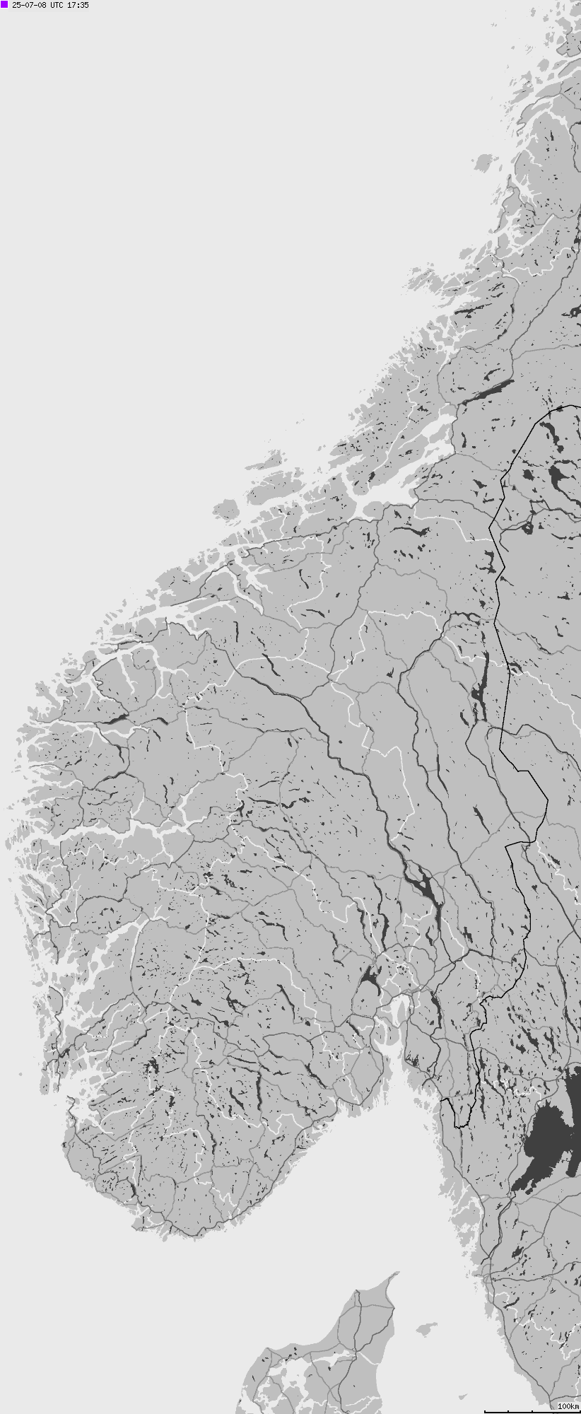 Mapa wyładowań atmosferycznych na obszarze Norwegii
