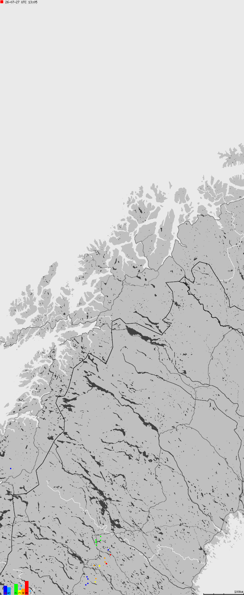 Mapa wyładowań atmosferycznych na obszarze Norwegii
