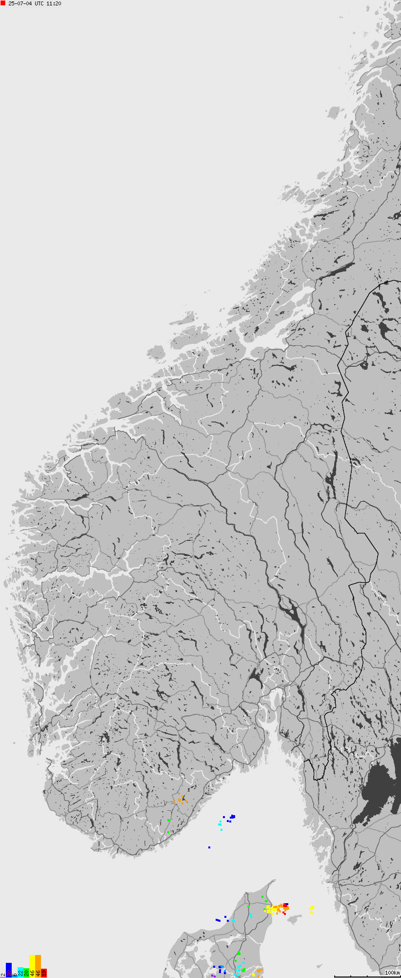 Mapa wyładowań atmosferycznych na obszarze Norwegii