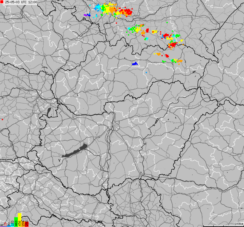 Map of lightnings across Slovakia, Hungary
