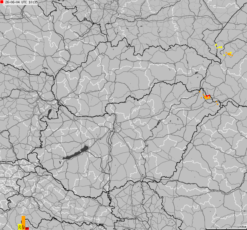 Map of lightnings across Slovakia, Hungary