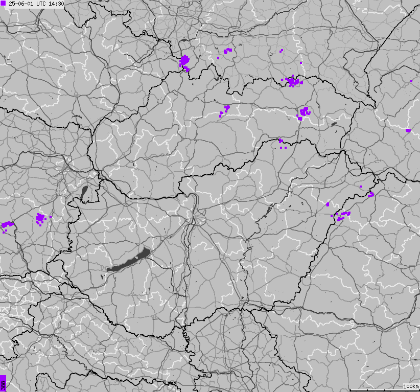 Map of lightnings across Slovakia, Hungary