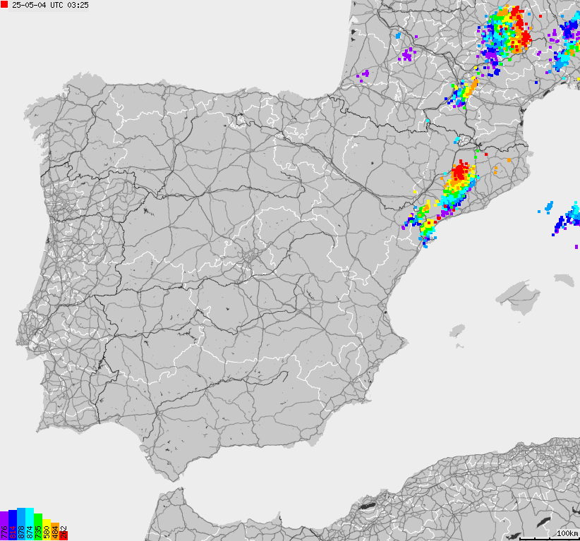 Mapa wyładowań atmosferycznych Hiszpanii, Portugalii