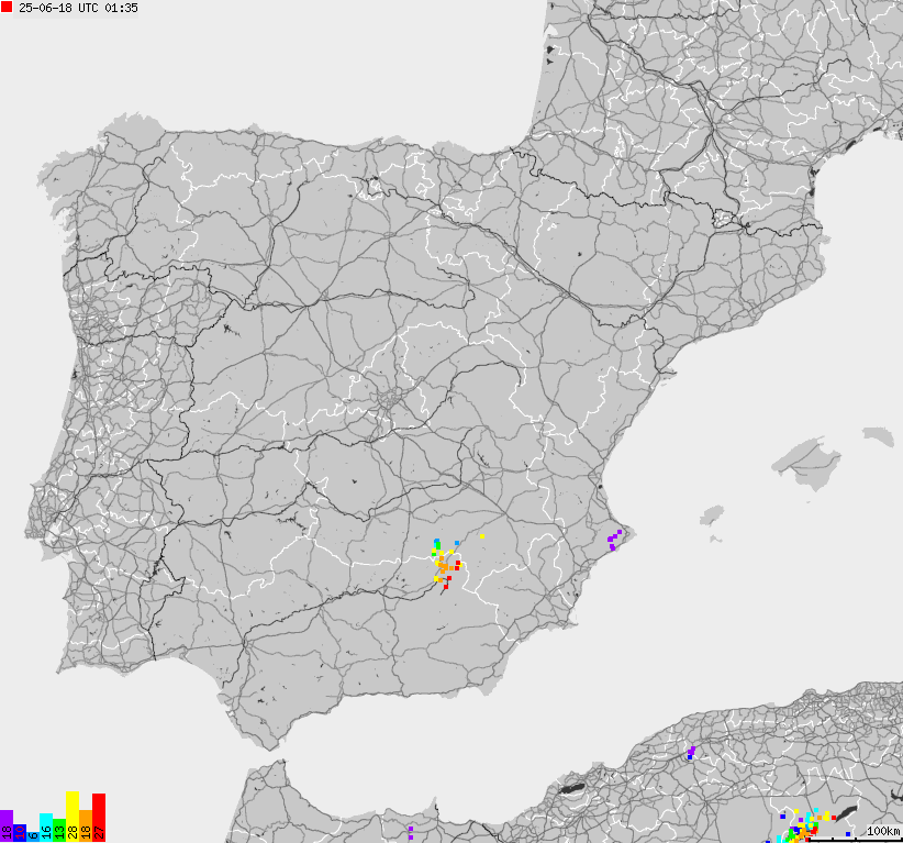 Mapa wyładowań atmosferycznych Hiszpanii, Portugalii