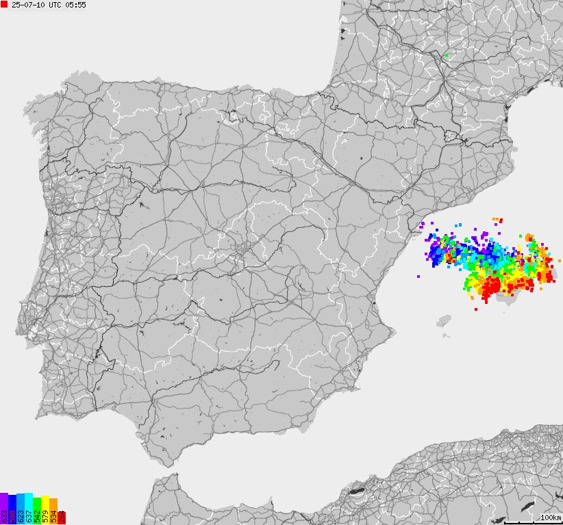 Mapa wyładowań atmosferycznych Hiszpanii, Portugalii