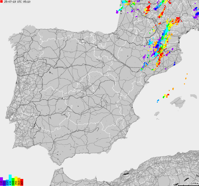 Mapa wyładowań atmosferycznych Hiszpanii, Portugalii