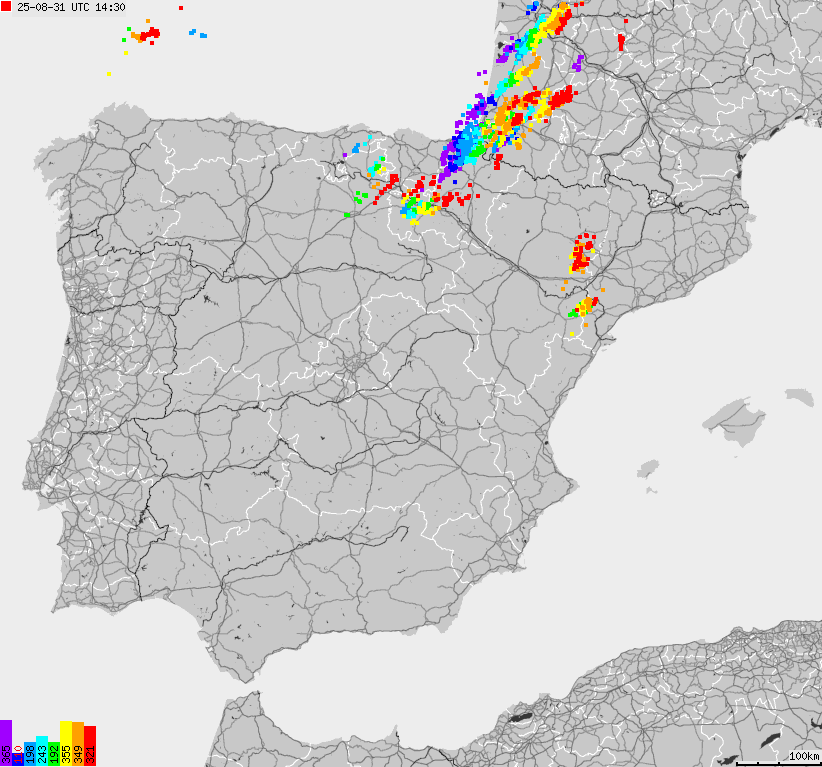 Mapa wyładowań atmosferycznych Hiszpanii, Portugalii