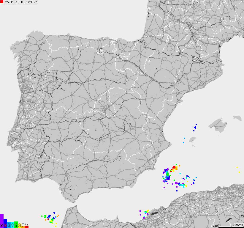 Mapa wyładowań atmosferycznych Hiszpanii, Portugalii
