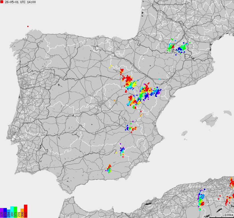 Mapa wyładowań atmosferycznych Hiszpanii, Portugalii