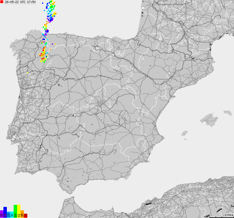 Mapa wyładowań atmosferycznych Hiszpanii, Portugalii