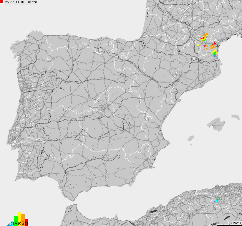 Mapa wyładowań atmosferycznych Hiszpanii, Portugalii