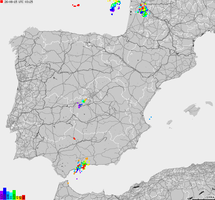 Mapa wyładowań atmosferycznych Hiszpanii, Portugalii
