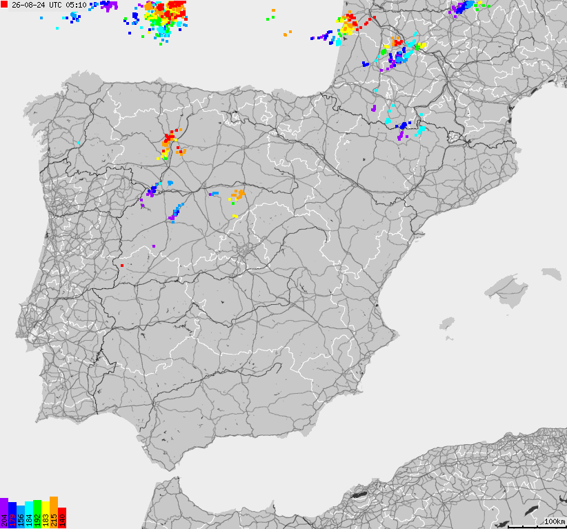Mapa wyładowań atmosferycznych Hiszpanii, Portugalii