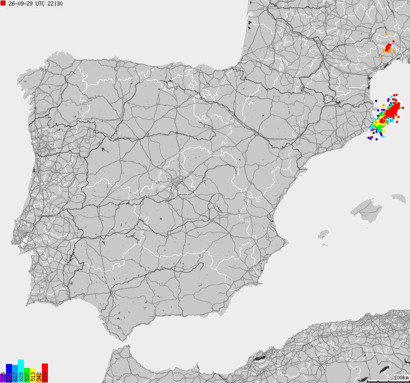 Mapa wyładowań atmosferycznych Hiszpanii, Portugalii