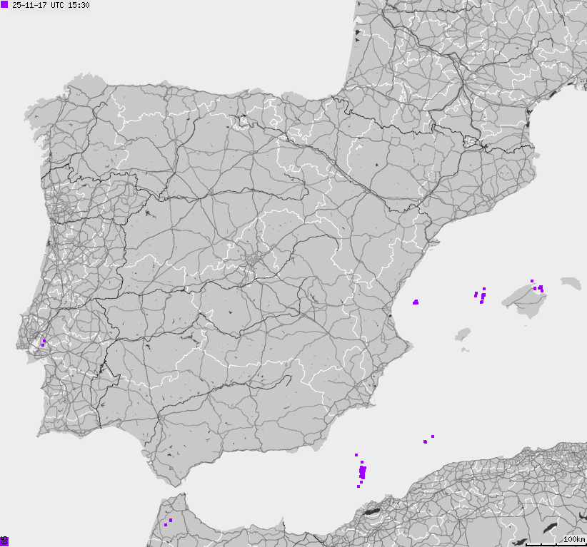 Mapa wyładowań atmosferycznych Hiszpanii, Portugalii