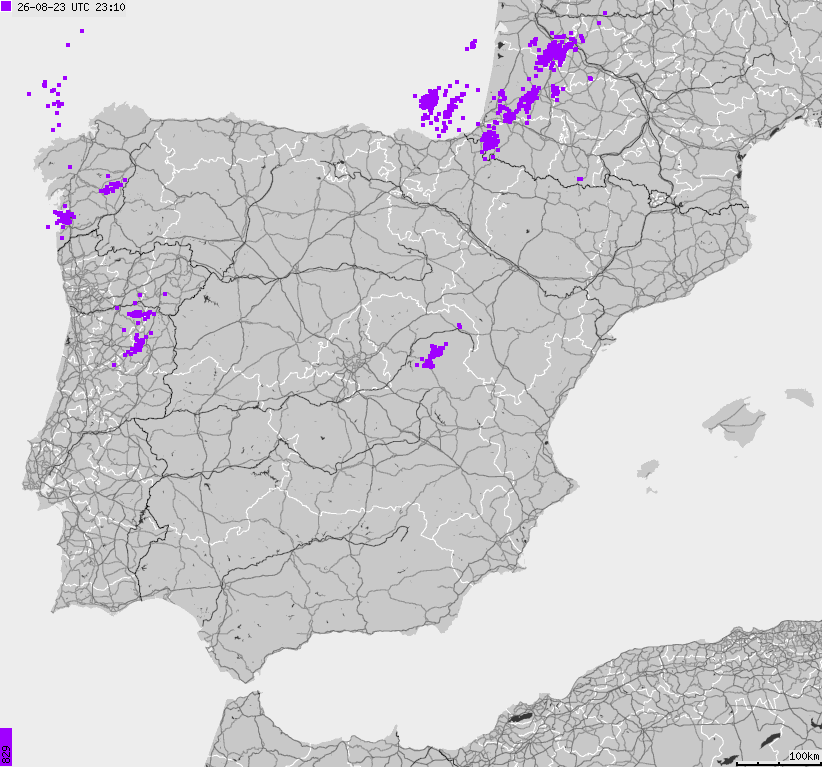 Mapa wyładowań atmosferycznych Hiszpanii, Portugalii