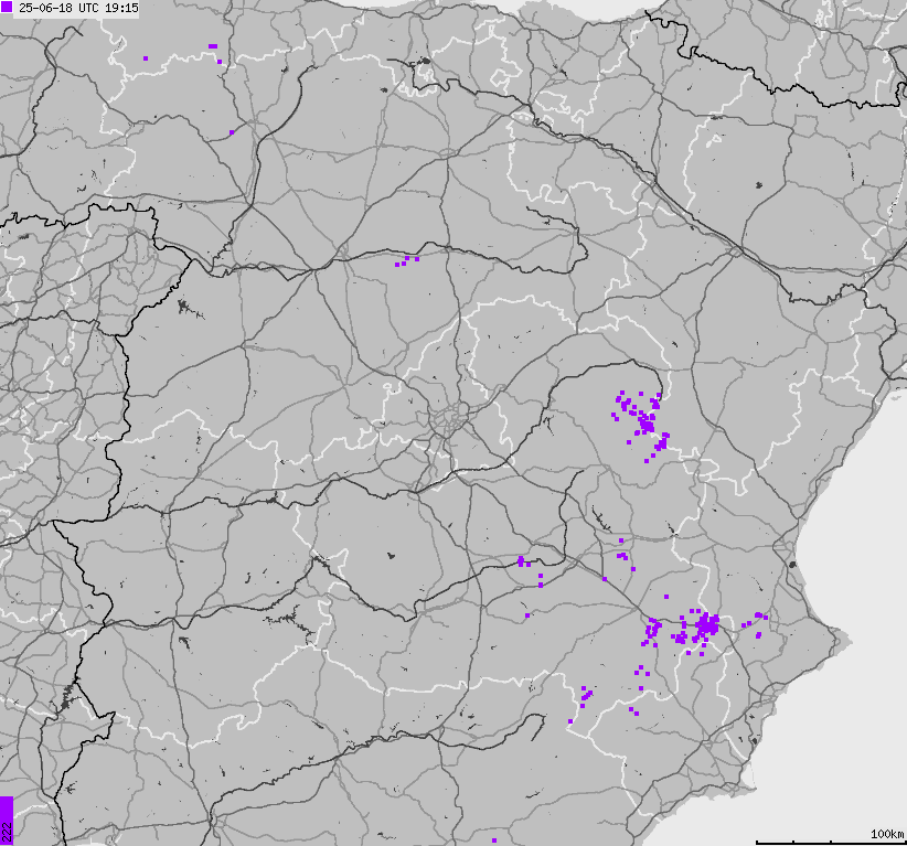 Mapa wyładowań atmosferycznych Hiszpanii, Portugalii