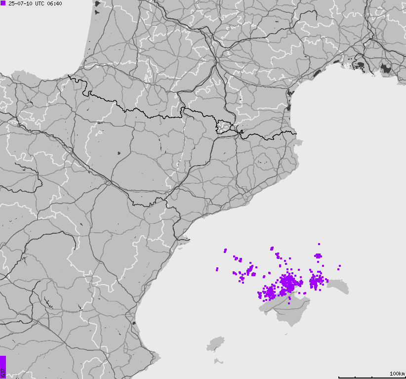 Mapa wyładowań atmosferycznych Hiszpanii, Portugalii