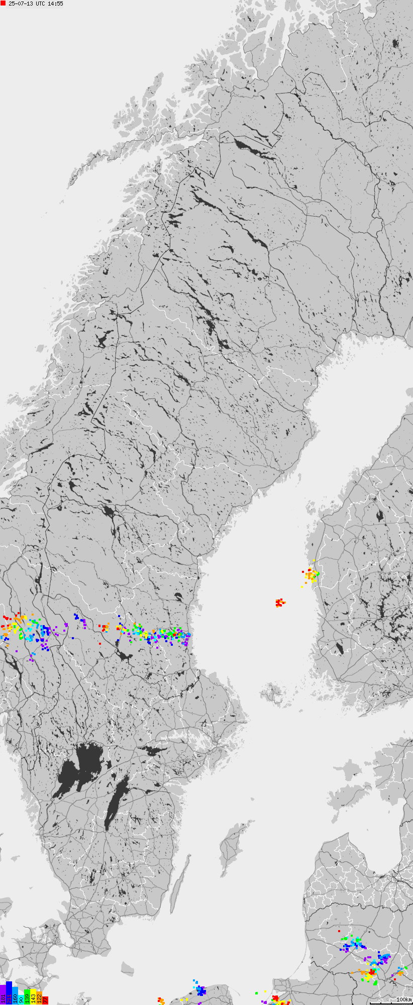 Map of lightnings across Sweden