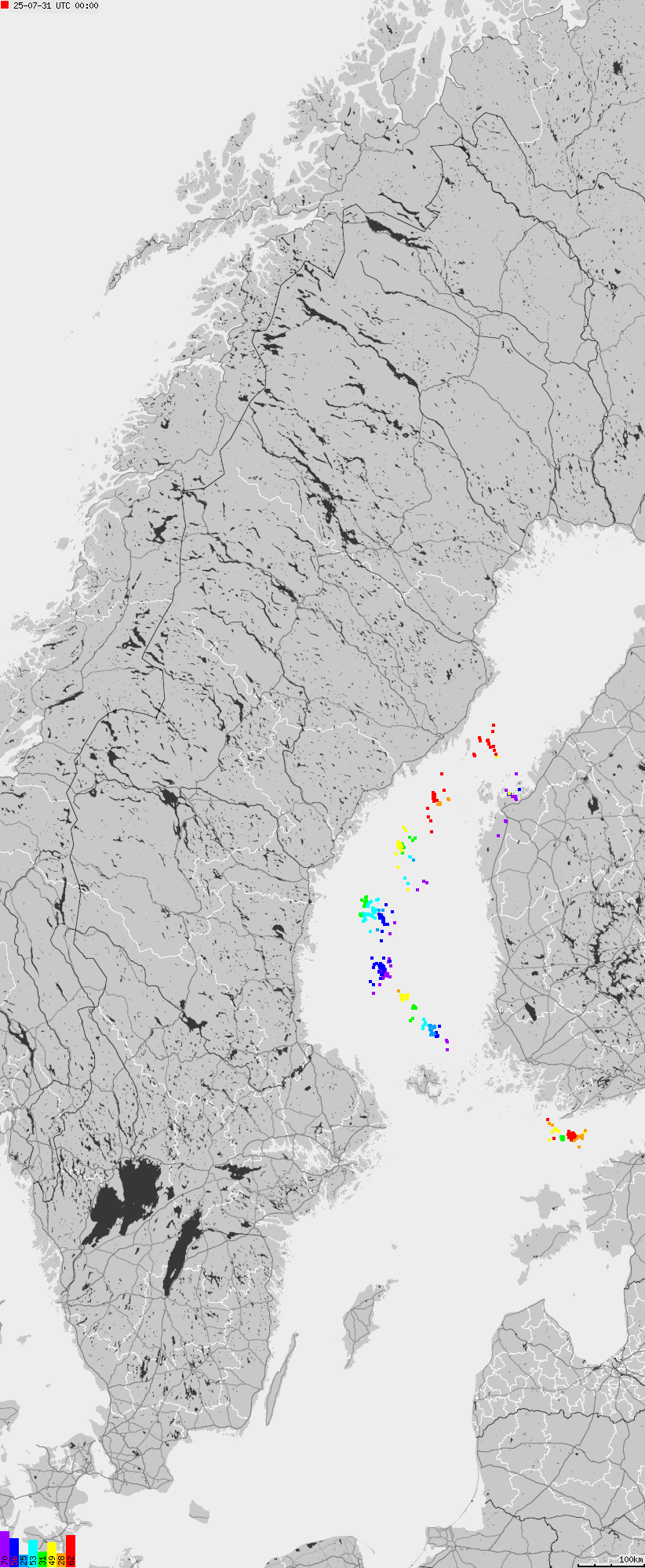 Mapa wyładowań atmosferycznych na obszarze Szwecji
