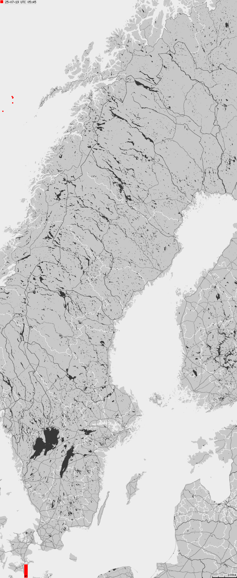 Mapa wyładowań atmosferycznych na obszarze Szwecji
