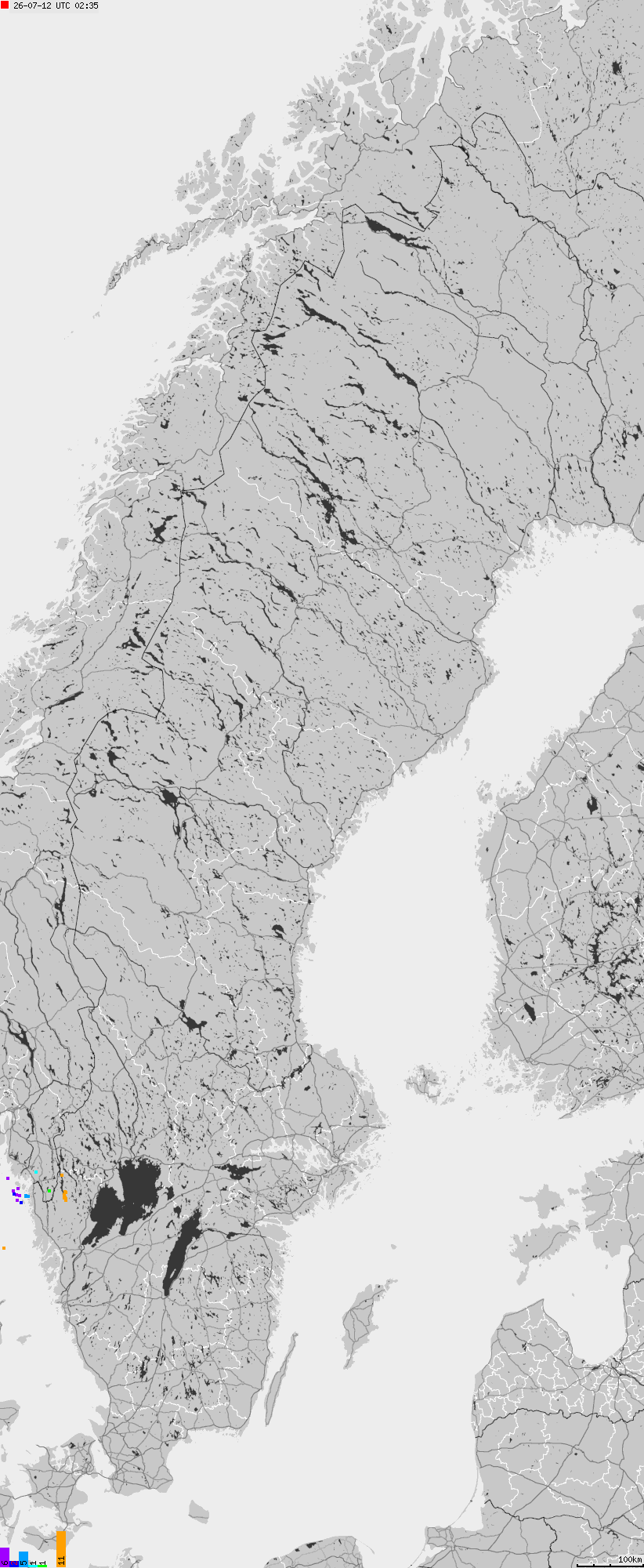 Map of lightnings across Sweden