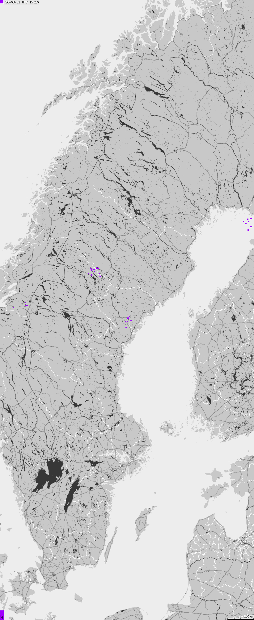 Mapa wyładowań atmosferycznych na obszarze Szwecji