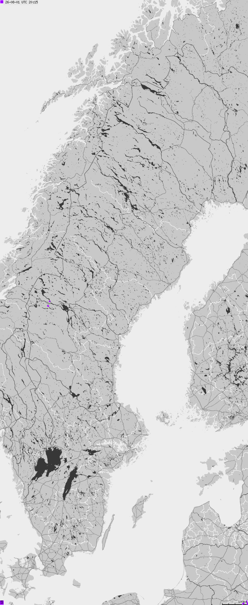 Mapa wyładowań atmosferycznych na obszarze Szwecji