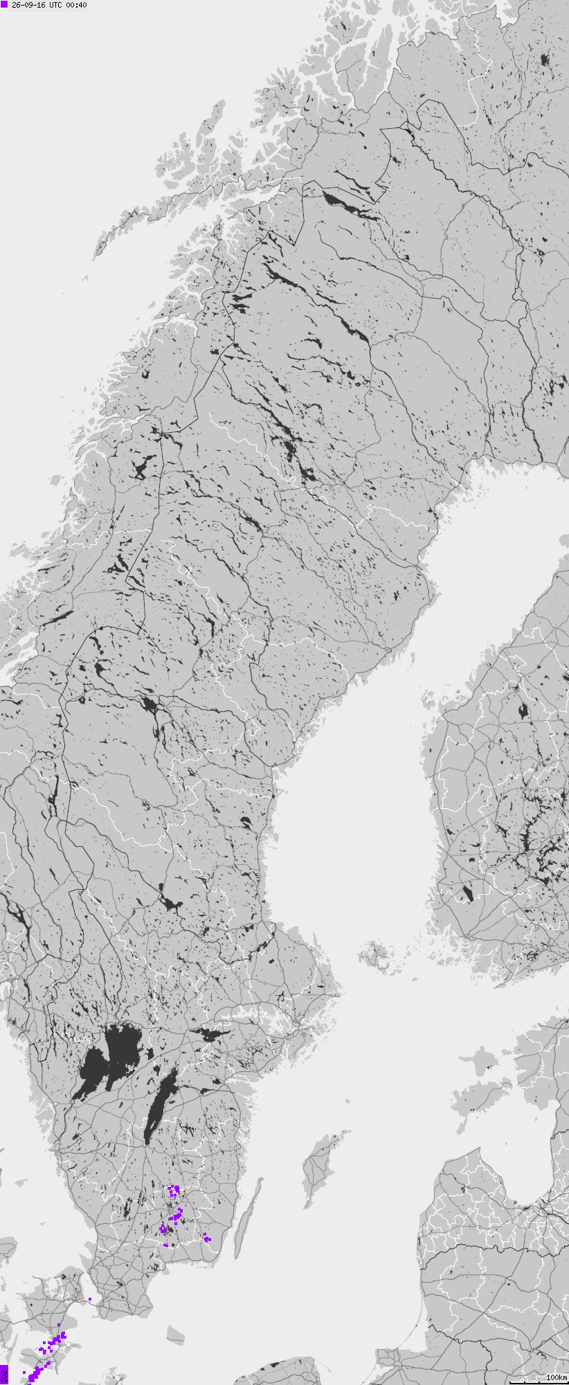 Mapa wyładowań atmosferycznych na obszarze Szwecji
