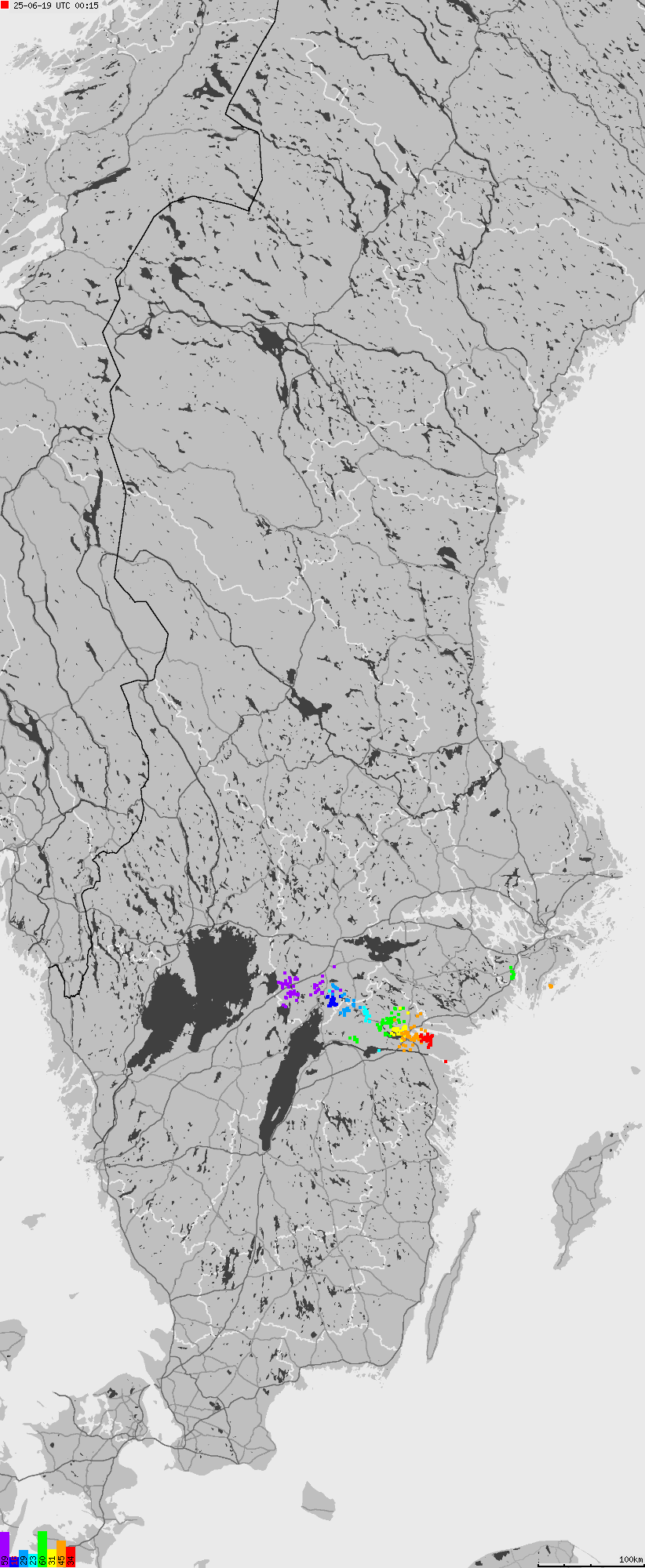 Mapa wyładowań atmosferycznych na obszarze Szwecji