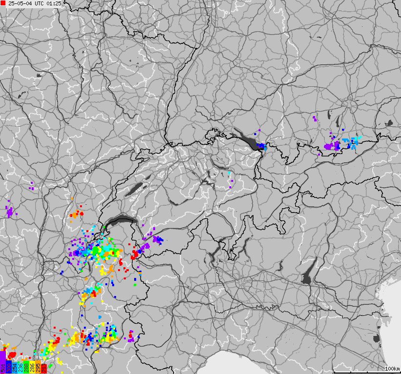 Mapa wyładowań atmosferycznych na obszarze Szwajcarii i Liechtensteinu