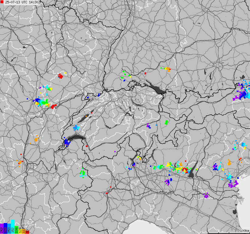 Mapa wyładowań atmosferycznych na obszarze Szwajcarii i Liechtensteinu